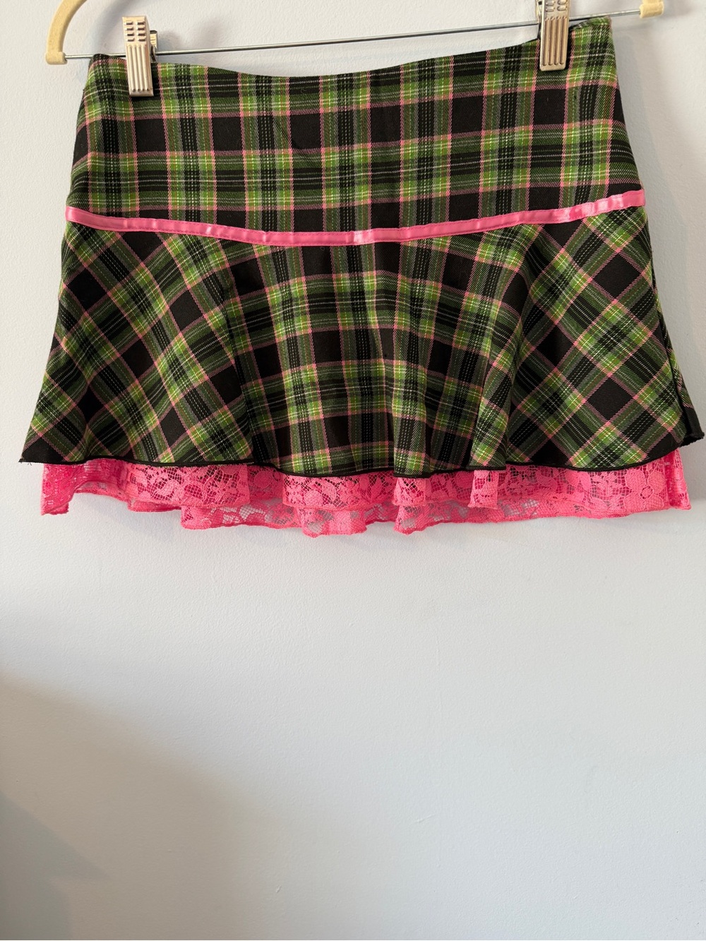 Tempted Green and Pink Plaid Mini Skirt with Lace Trim